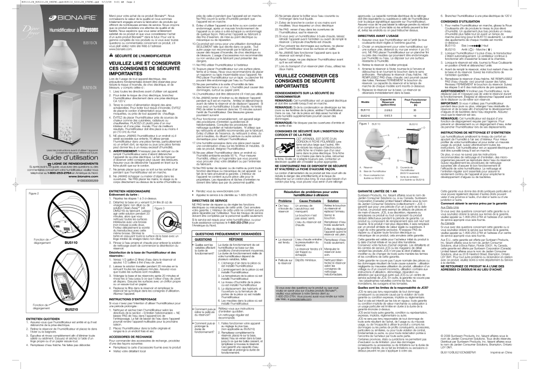 Bionaire BU5110-CN, BU5210-CN warranty Guide d’utilisation, Veuillez Lire Et Conserver Ces Consignes De Sécurité Importantes 