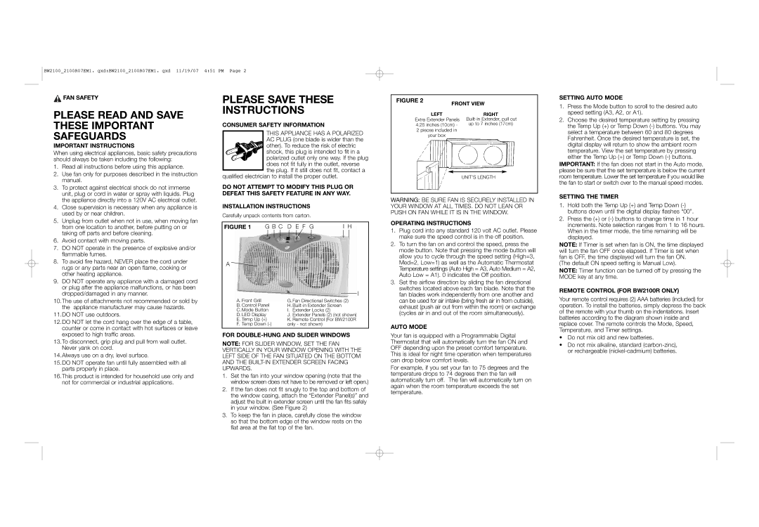 Bionaire BW2100 FAN Safety, Important Instructions, Consumer Safety Information, For DOUBLE-HUNG and Slider Windows 