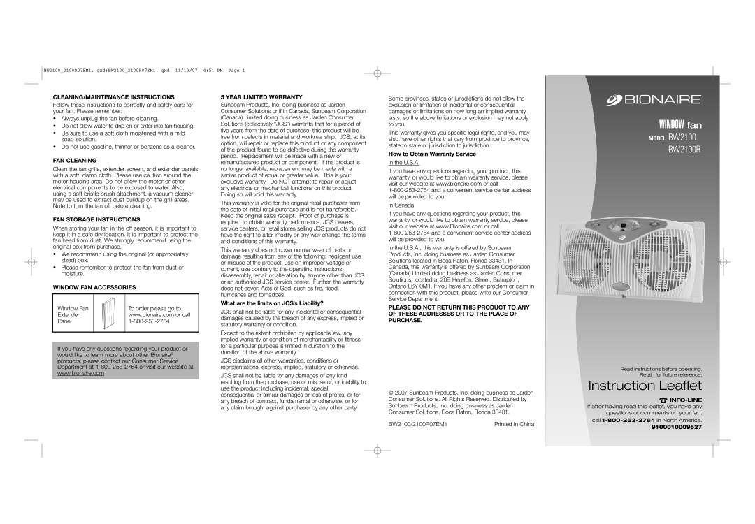 Bionaire warranty Instruction Leaflet, WINDOW fan, BW2100RMODEL BASF1522RC, 16” STAND fan with, Remote Control 