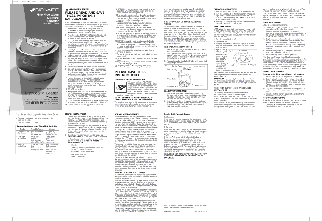 Bionaire BWM2600 warranty HOW Your Warm Moisture Humidifier Works, PRE-OPERATING Instructions, Operating Instructions 