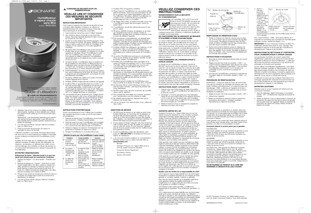 Bionaire BWM2600 warranty Entretien Hebdomadaire, Consignes DE Sécurité Pour LES Humidificateurs, Instructions Importantes 