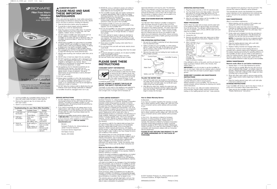 Bionaire warranty Instruction Leaflet, Please Read And Save These Important Safeguards, MODEL BWM2600 