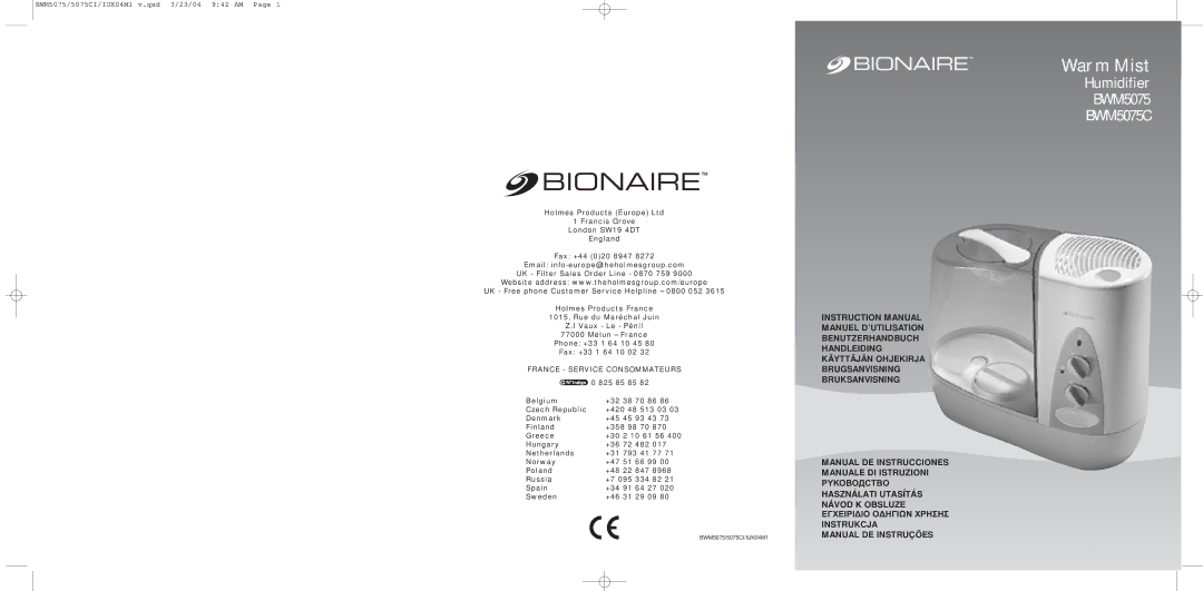 Bionaire BW0M5075, BWM5075C instruction manual Warm Mist, France Service Consommateurs 