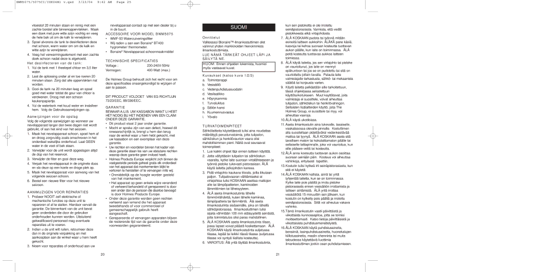 Bionaire BWM5075C, BW0M5075 instruction manual Suomi 