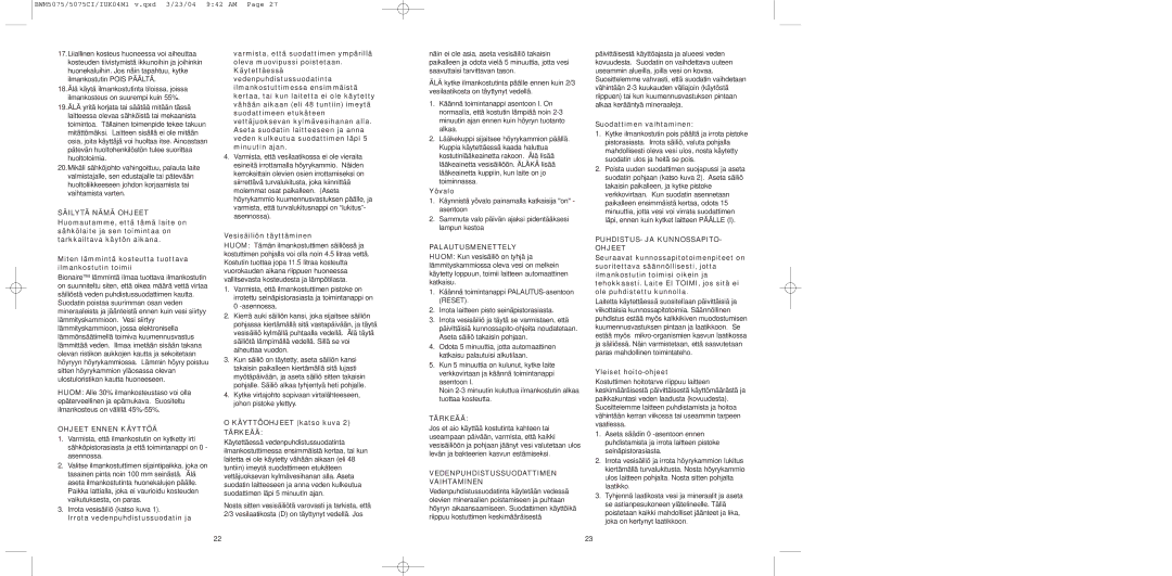 Bionaire BW0M5075, BWM5075C Ohjeet Ennen Käyttöä, Tärkeää, Palautusmenettely, PUHDISTUS- JA KUNNOSSAPITO- Ohjeet 