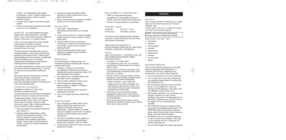 Bionaire BWM5075C, BW0M5075 instruction manual Norsk 