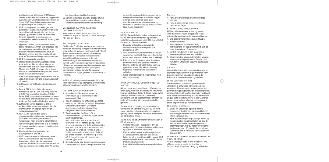 Bionaire BW0M5075, BWM5075C instruction manual Vennligst TA Vare PÅ Disse Instruksjonene, Instruksjoner FØR Bruk, Viktig 