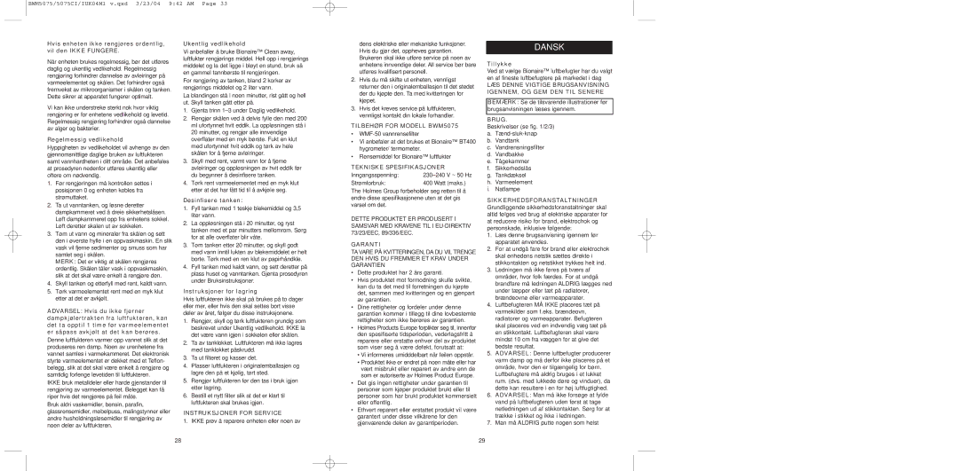 Bionaire BWM5075C, BW0M5075 instruction manual Dansk 