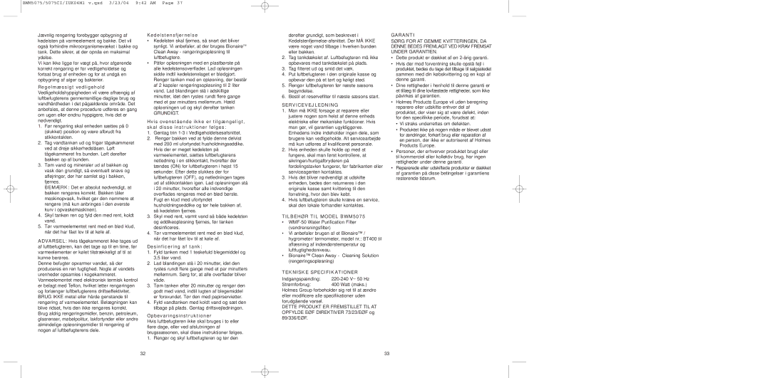 Bionaire BWM5075C, BW0M5075 instruction manual Servicevejledning, Tilbehør TIL Model BWM5075, Tekniske Specifikationer 