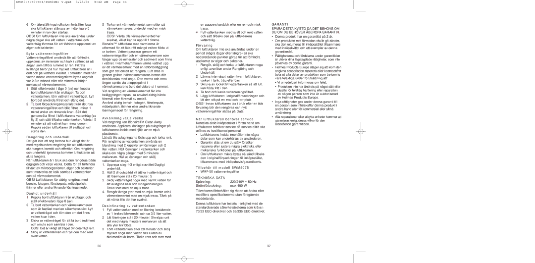 Bionaire BWM5075C, BW0M5075 instruction manual Tekniska Data 