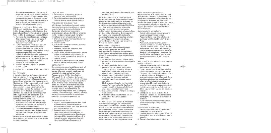 Bionaire BWM5075C, BW0M5075 instruction manual Procedura DI Ripristino 