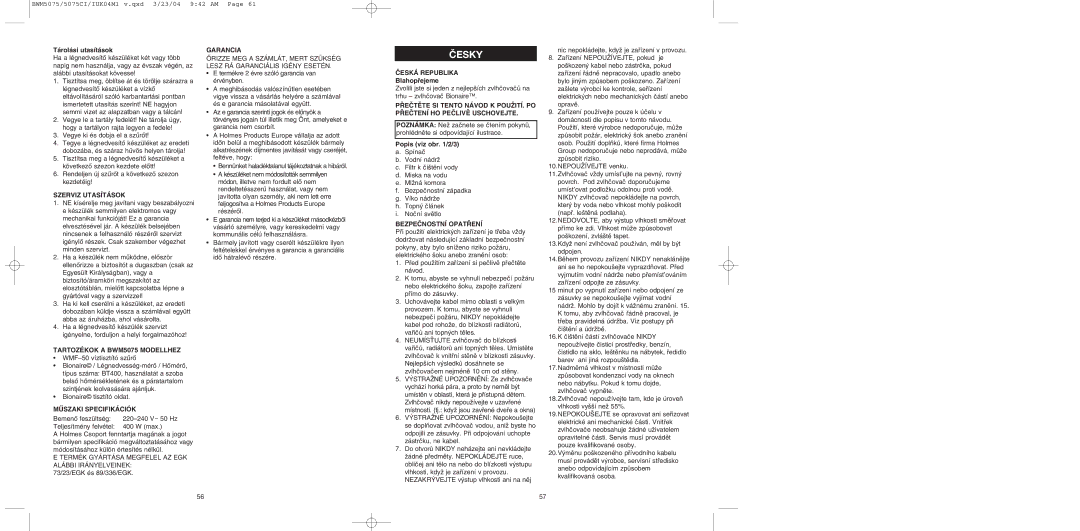 Bionaire BWM5075C Szerviz Utasítások, Tartozékok a BWM5075 Modellhez, ∂SZAKI Specifikációk, Garancia, Bezpenostní Opatení 