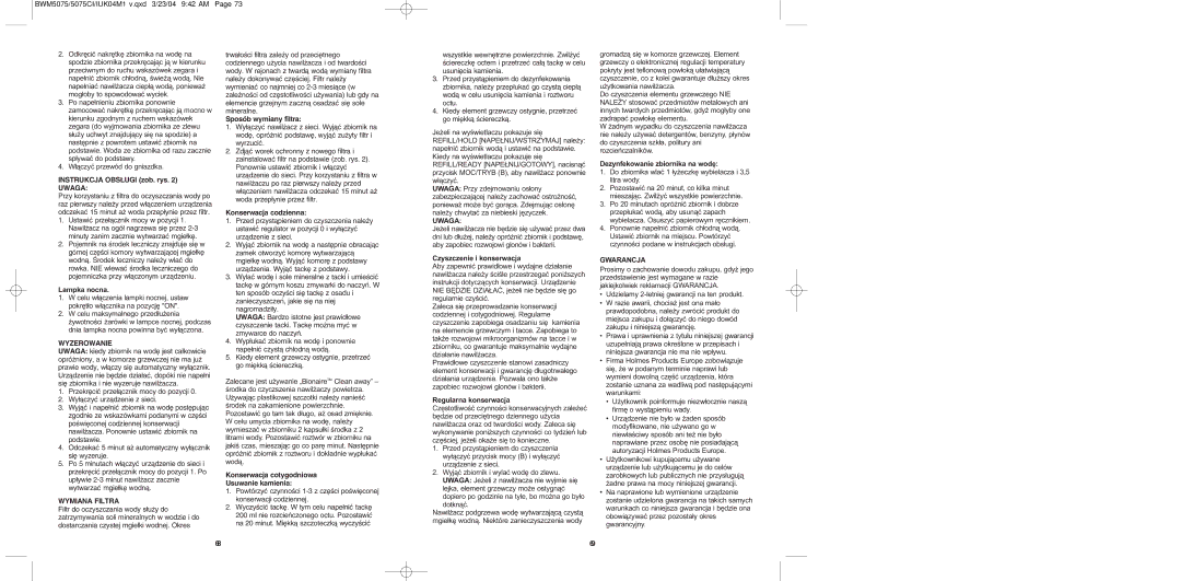 Bionaire BWM5075C, BW0M5075 instruction manual Uwaga, Wyzerowanie, Wymiana Filtra, Gwarancja 