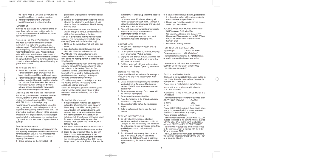 Bionaire BWM5075C, BW0M5075 instruction manual Service Instructions, Accessories for Model BWM5075, Technical Specifications 