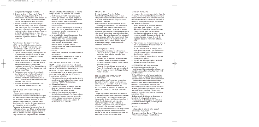 Bionaire BWM5075C, BW0M5075 instruction manual Procedure DE Reinitialisation, Consignes DE Nettoyage ET D’ENTRETIEN 