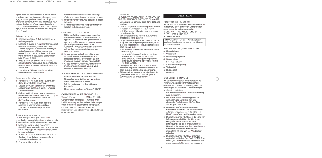 Bionaire BW0M5075, BWM5075C instruction manual Deutsch 