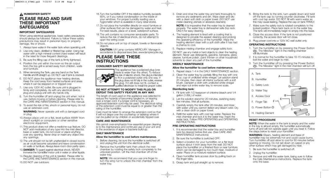 Bionaire BWM5905 warranty Humidifier Safety, Important Safeguards, Consumer Safety Information, Care and Maintenance 