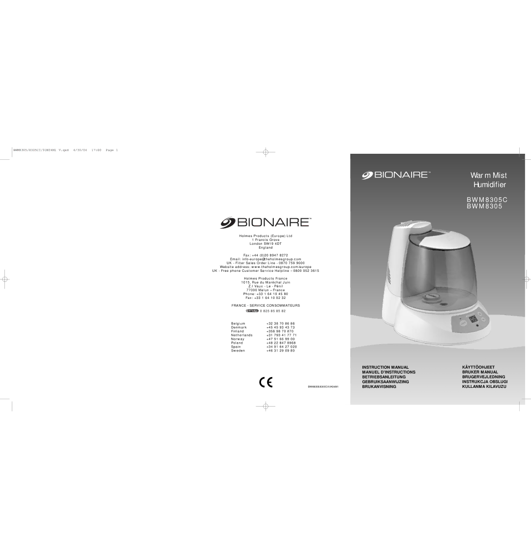 Bionaire BWM8305C instruction manual Warm Mist Humidifier, France Service Consommateurs 