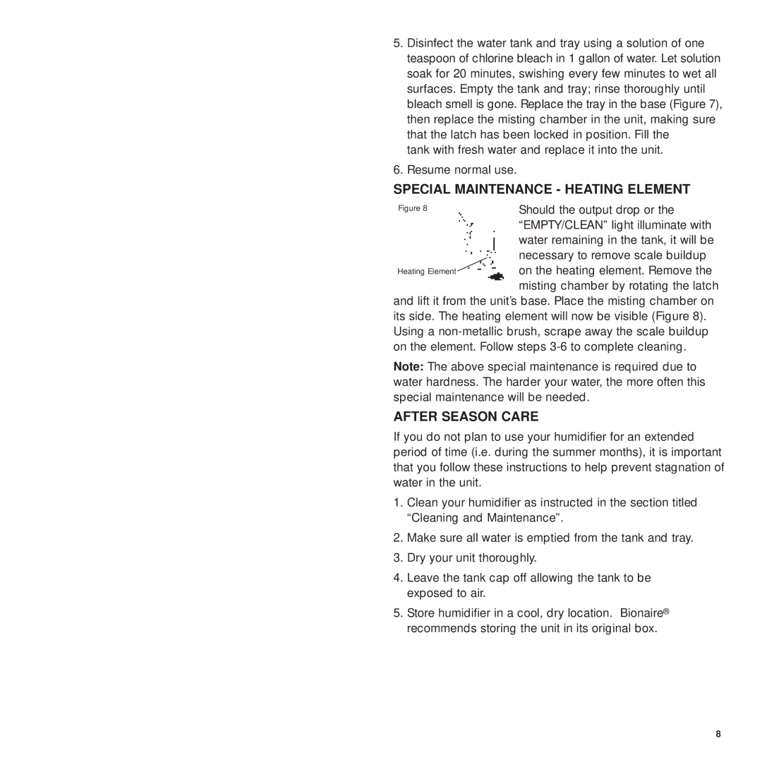 Bionaire CP0260 manual Special Maintenance Heating Element, After Season Care 