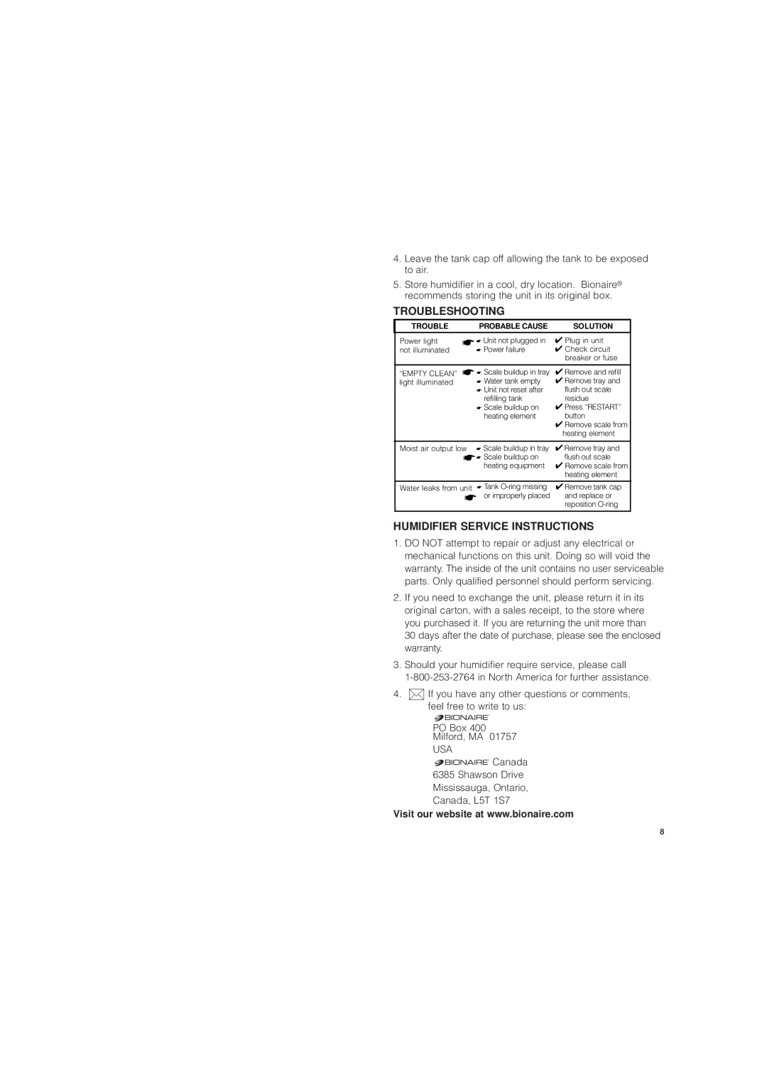 Bionaire CP2550 manual Troubleshooting, Humidifier Service Instructions 