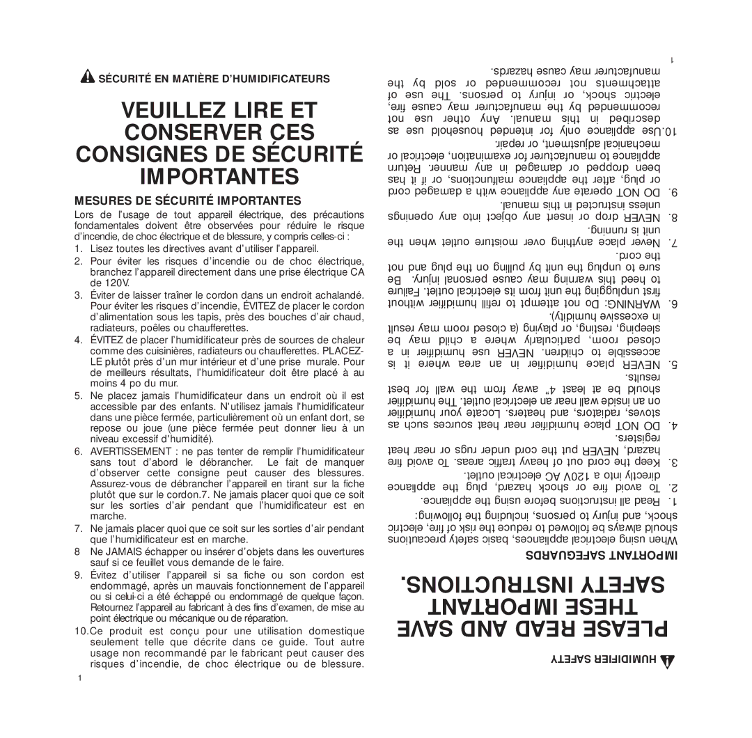 Bionaire W15 Mesures DE Sécurité Importantes, Without humidifier refill to attempt not Do Warning, Safeguards Important 