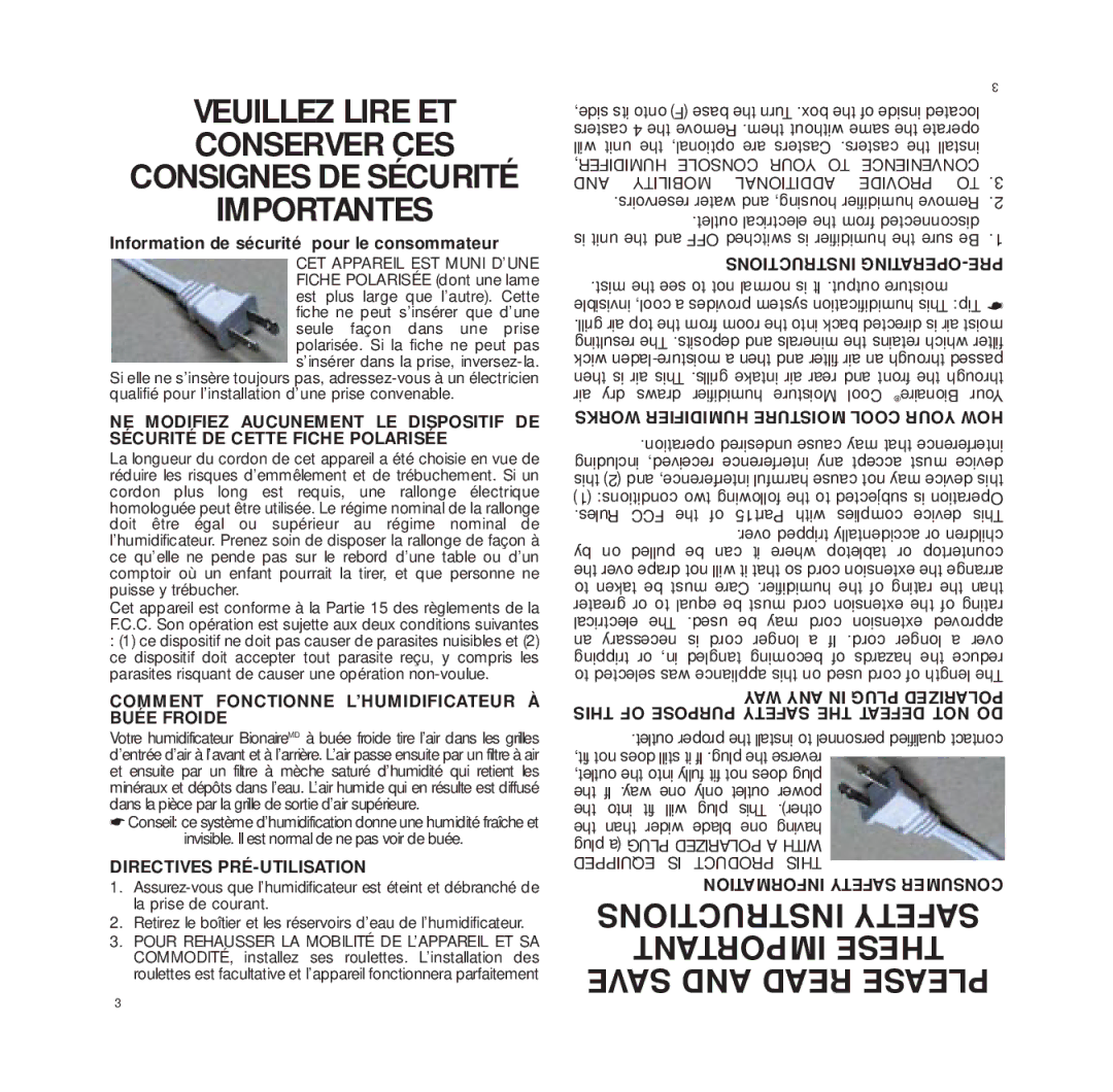 Bionaire W15 Comment Fonctionne L’HUMIDIFICATEUR À Buée Froide, Directives PRÉ-UTILISATION, Instructions OPERATING-PRE 