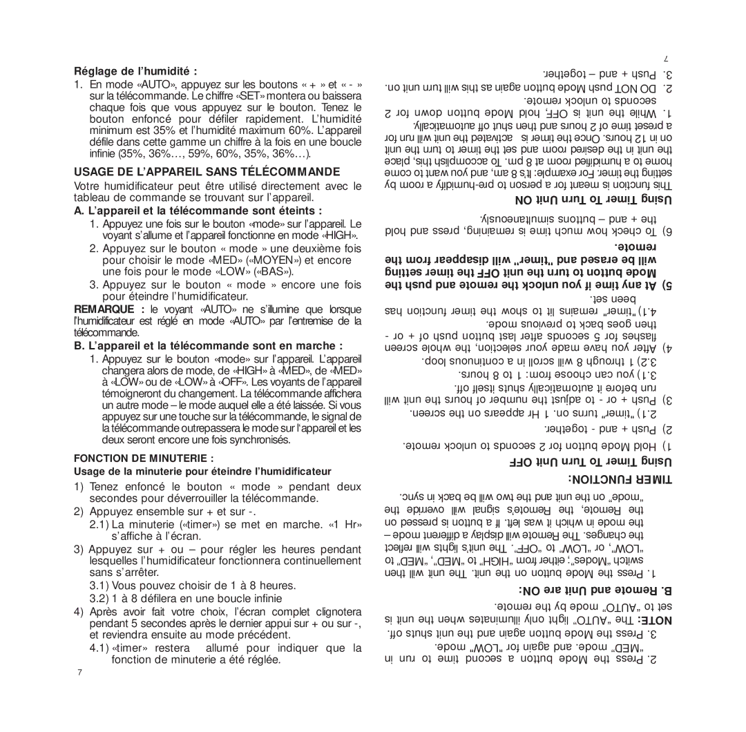 Bionaire W15 manual Usage DE L’APPAREIL Sans Télécommande, On Unit Turn To Timer Using, OFF Unit Turn To Timer Using 