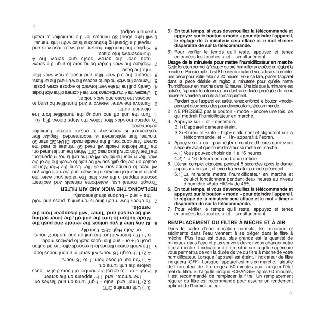 Bionaire W15 manual Filter AIR and Wick the Replacing, Remote, Remplacement DU Filtre À Mèche ET À AIR 