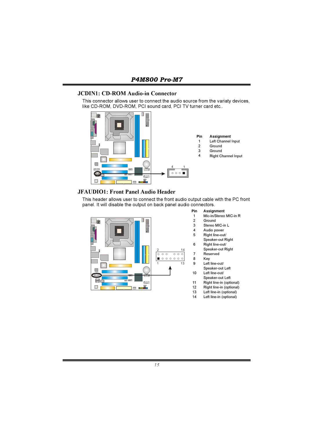 BioStar P4M800 manual JCDIN1 CD-ROM Audio-in Connector, JFAUDIO1 Front Panel Audio Header 