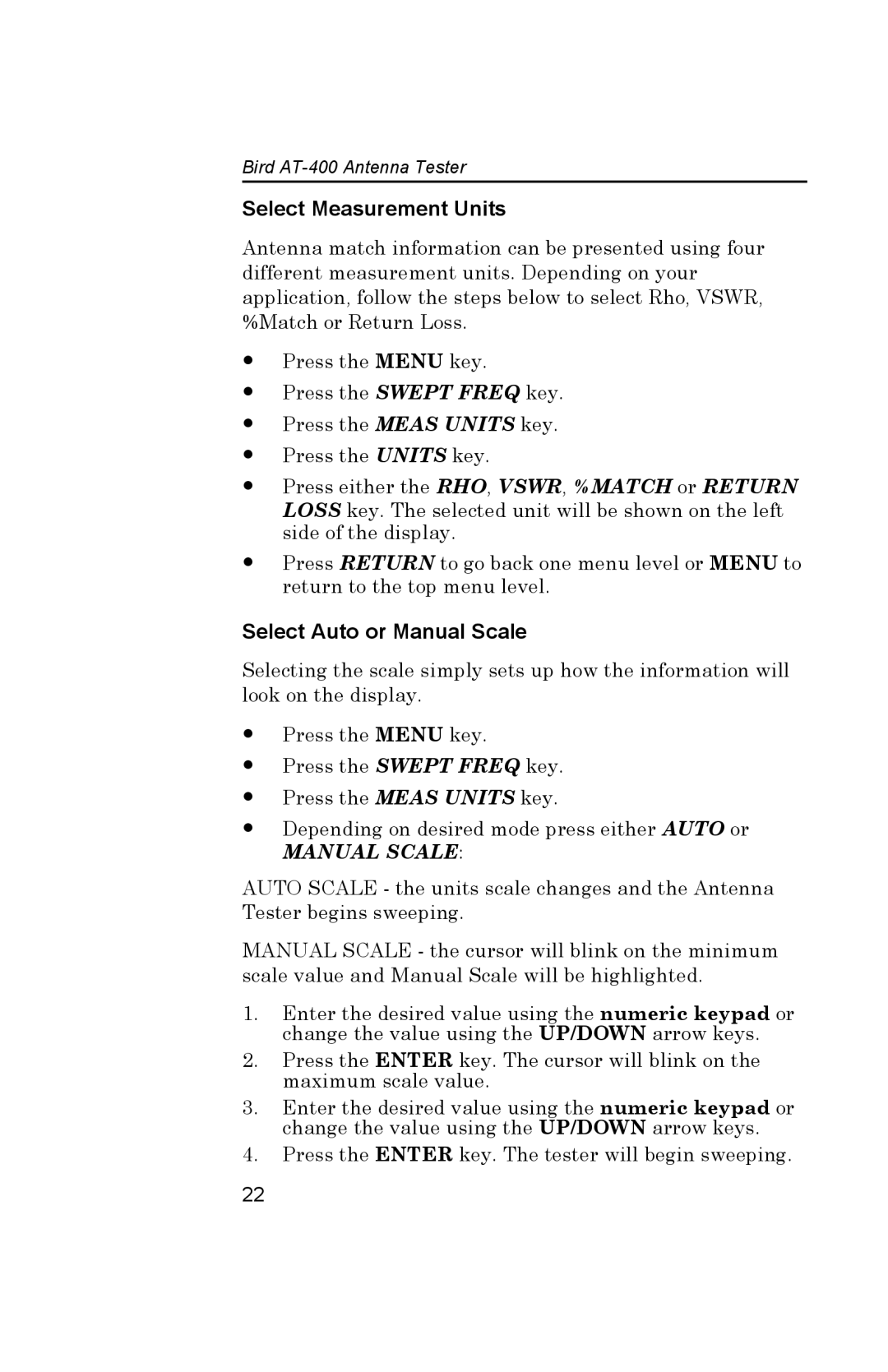 Bird Brain AT-400 manual Select Measurement Units, Select Auto or Manual Scale 
