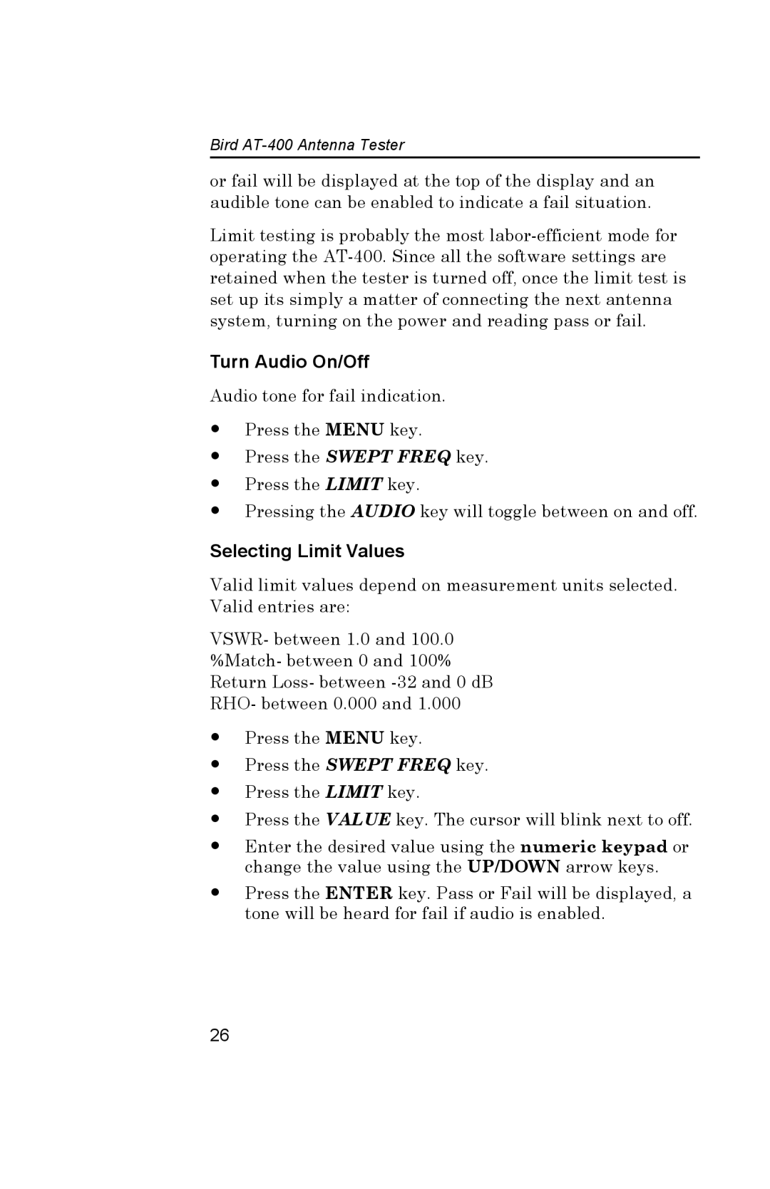 Bird Brain AT-400 manual Turn Audio On/Off, Selecting Limit Values 