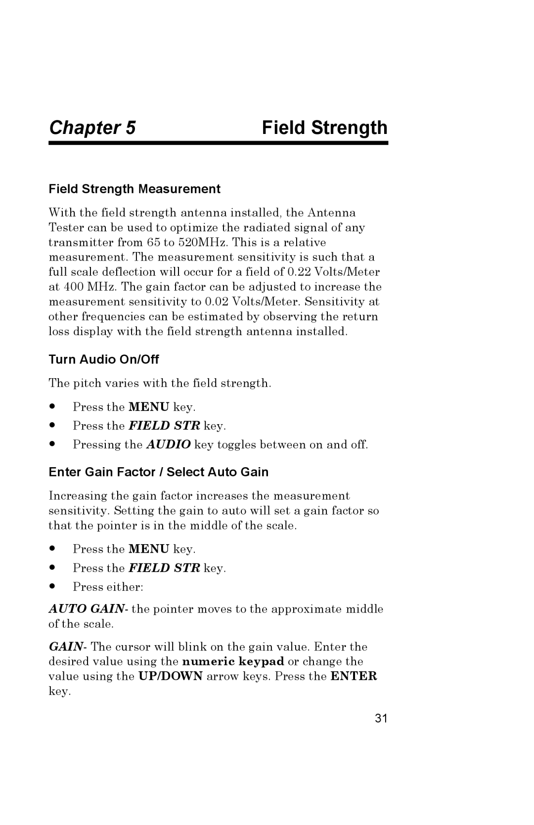 Bird Brain AT-400 manual Field Strength Measurement, Enter Gain Factor / Select Auto Gain 