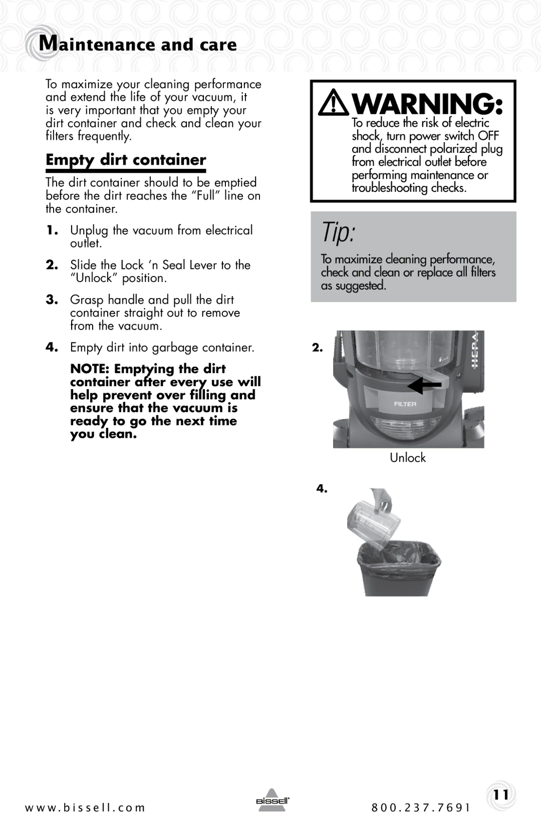 Bissell 1044 warranty Maintenance and care, Empty dirt container, Unlock 