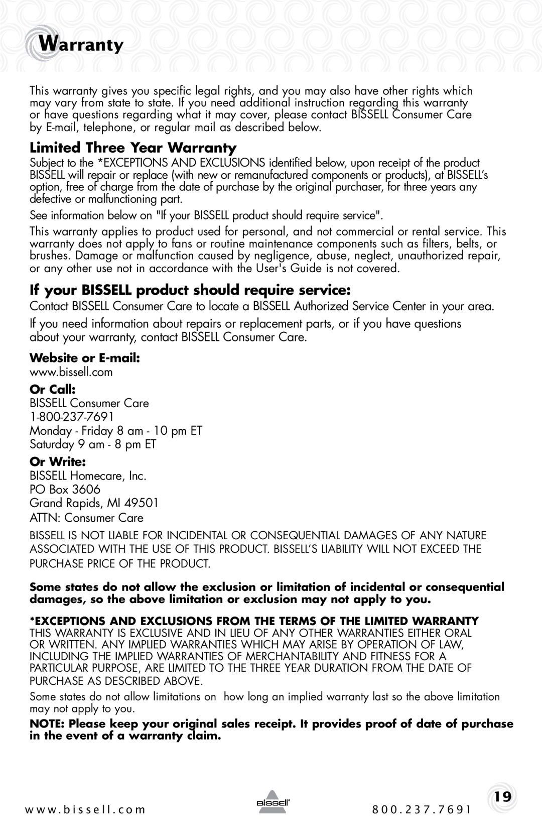 Bissell 1044 Limited Three Year Warranty, If your Bissell product should require service, Website or E-mail Or Call 