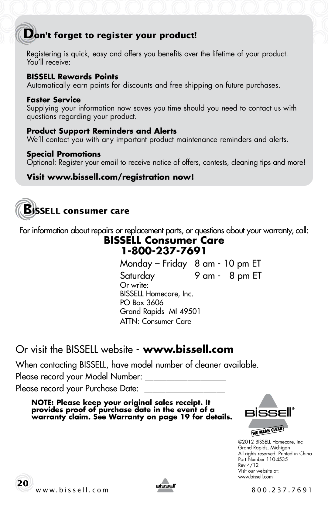 Bissell 1044 warranty Bissell Consumer Care, Dont forget to register your product, Bissell consumer care 