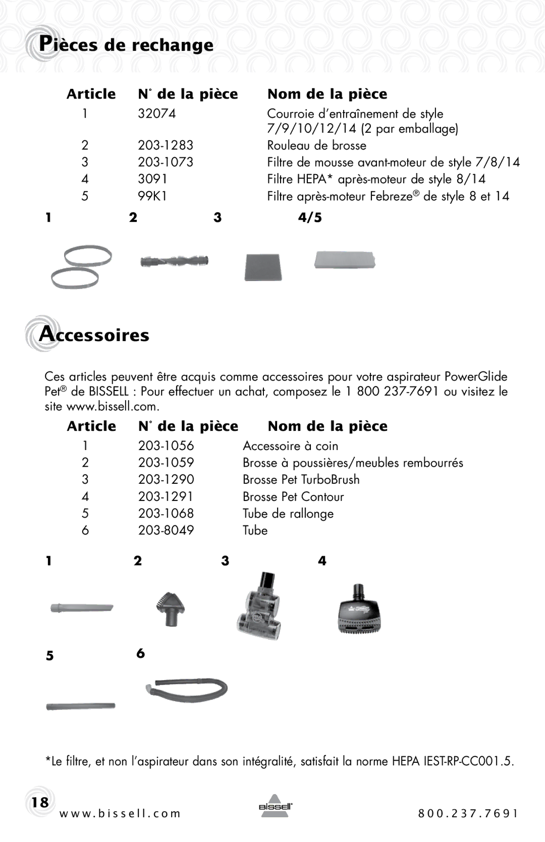 Bissell 1044 warranty Pièces de rechange, Accessoires, Article De la pièce Nom de la pièce, Tube de rallonge 203-8049 