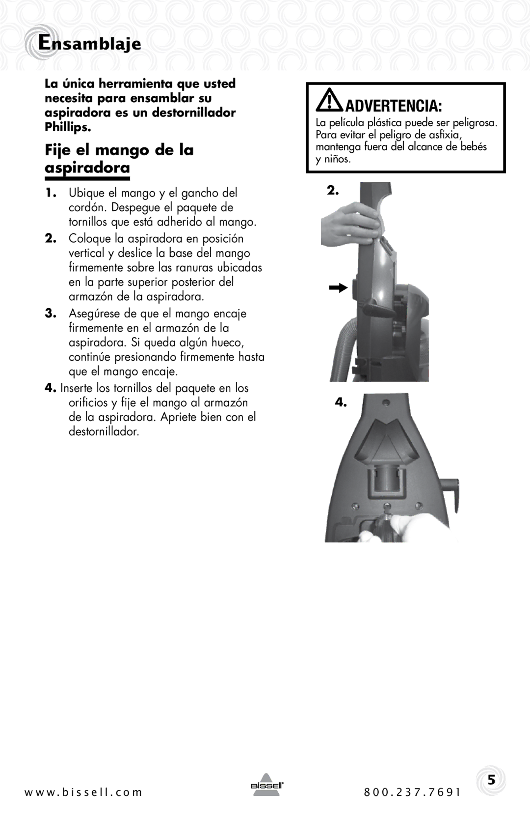 Bissell 1044 warranty Ensamblaje, Fije el mango de la aspiradora 