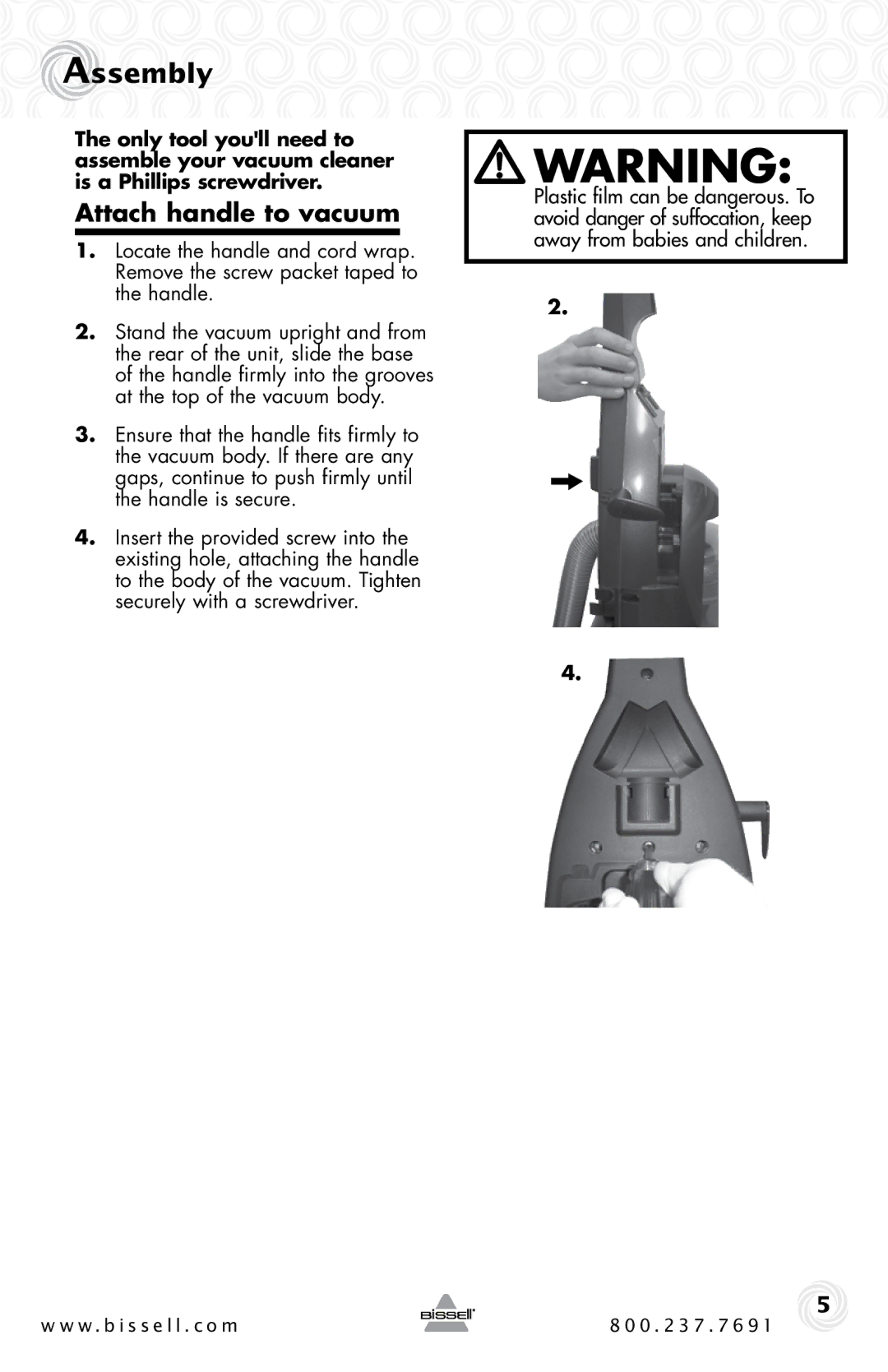 Bissell 1044 warranty Assembly, Attach handle to vacuum 