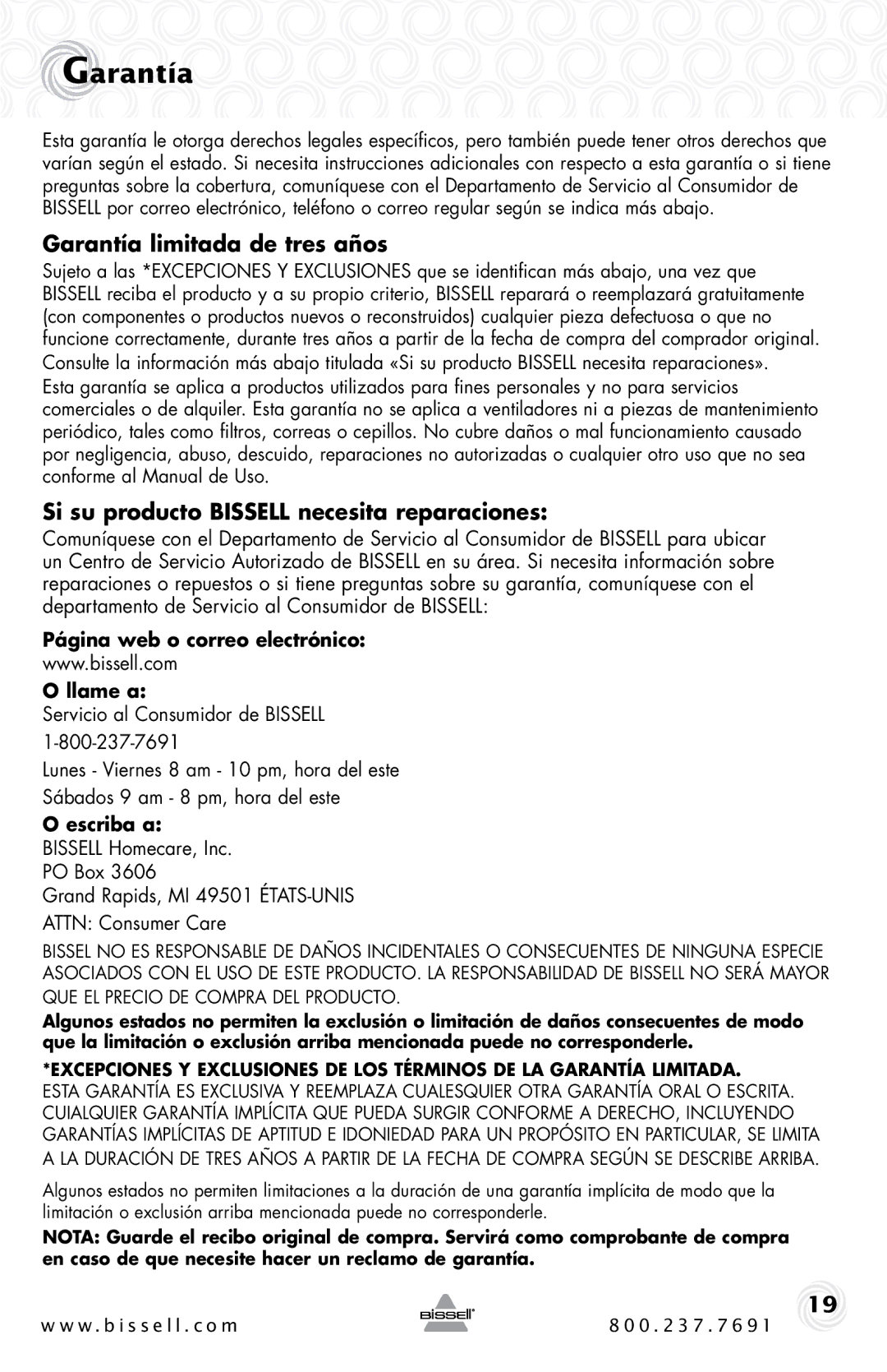 Bissell 1044 warranty Garantía limitada de tres años, Si su producto Bissell necesita reparaciones, Escriba a 