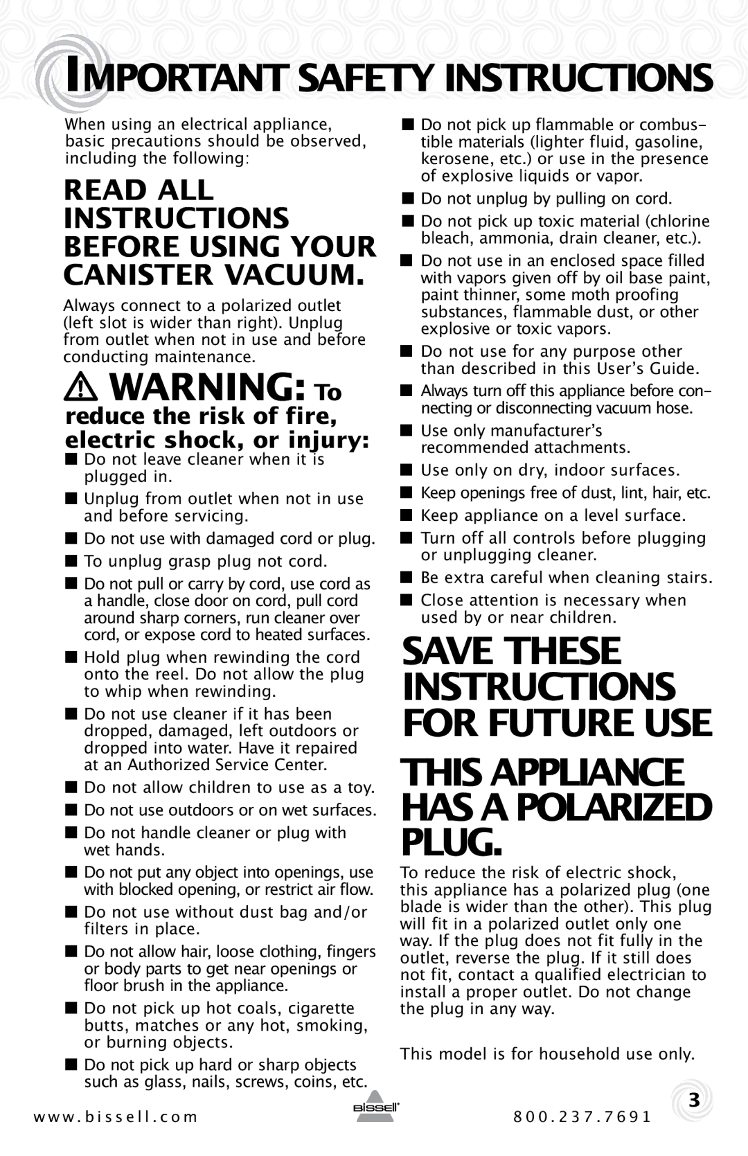 Bissell 10M2 warranty Important Safety Instructions, Reduce the risk of fire, electric shock, or injury 