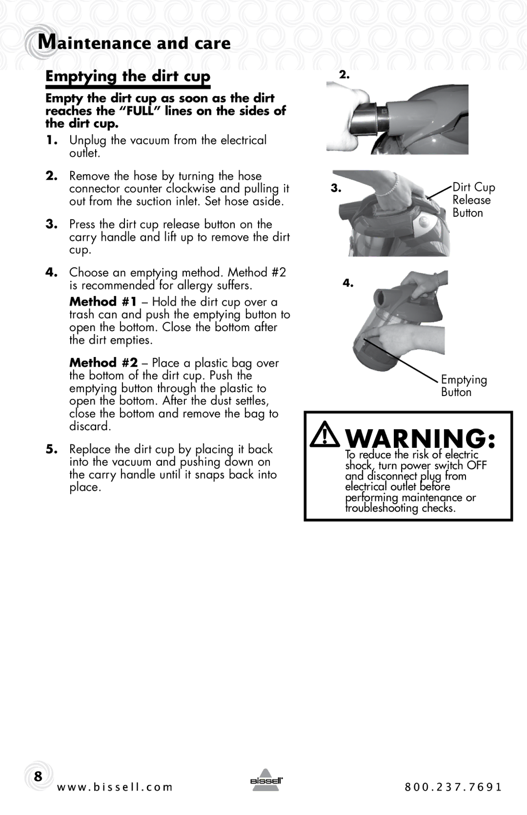 Bissell 10M2 warranty Maintenance and care, Emptying the dirt cup 