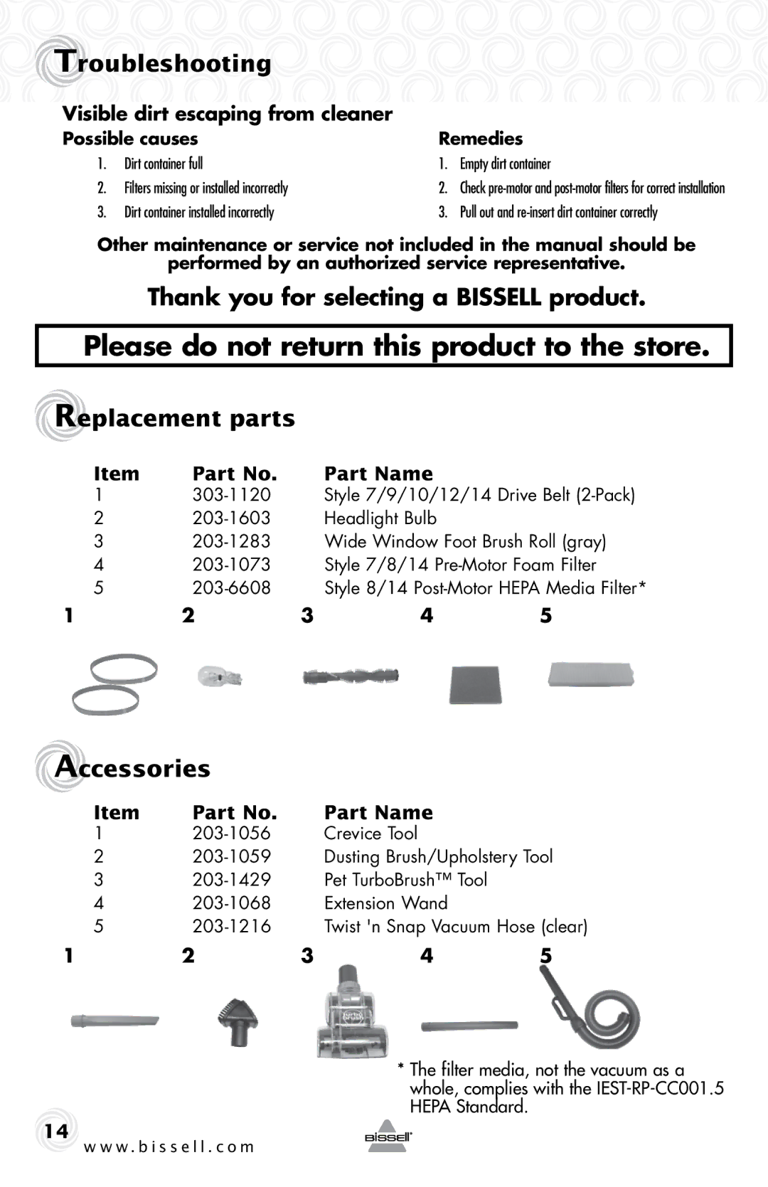 Bissell 10N6-F warranty Thank you for selecting a Bissell product, Replacement parts, Accessories 