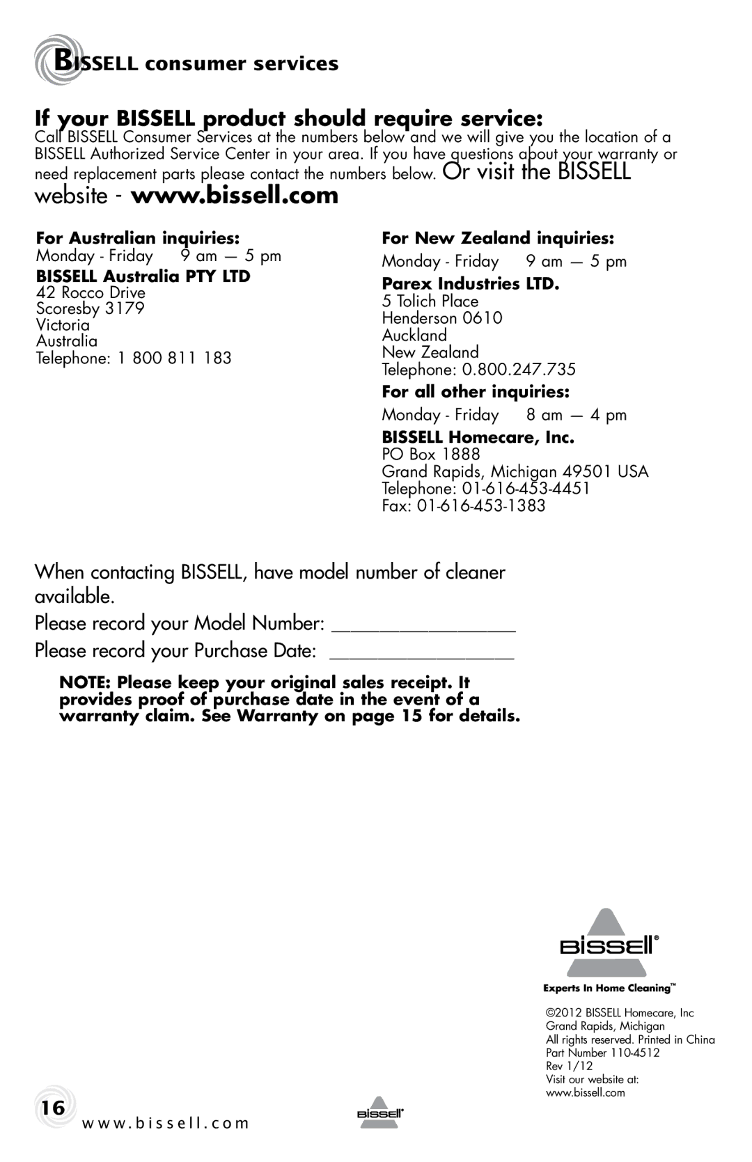 Bissell 10N6-F warranty If your Bissell product should require service, For Australian inquiries For New Zealand inquiries 