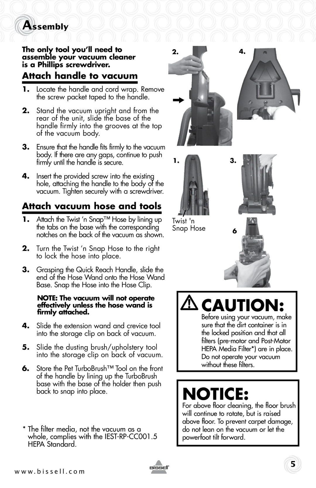 Bissell 10N6-F warranty Attach handle to vacuum, Attach vacuum hose and tools 