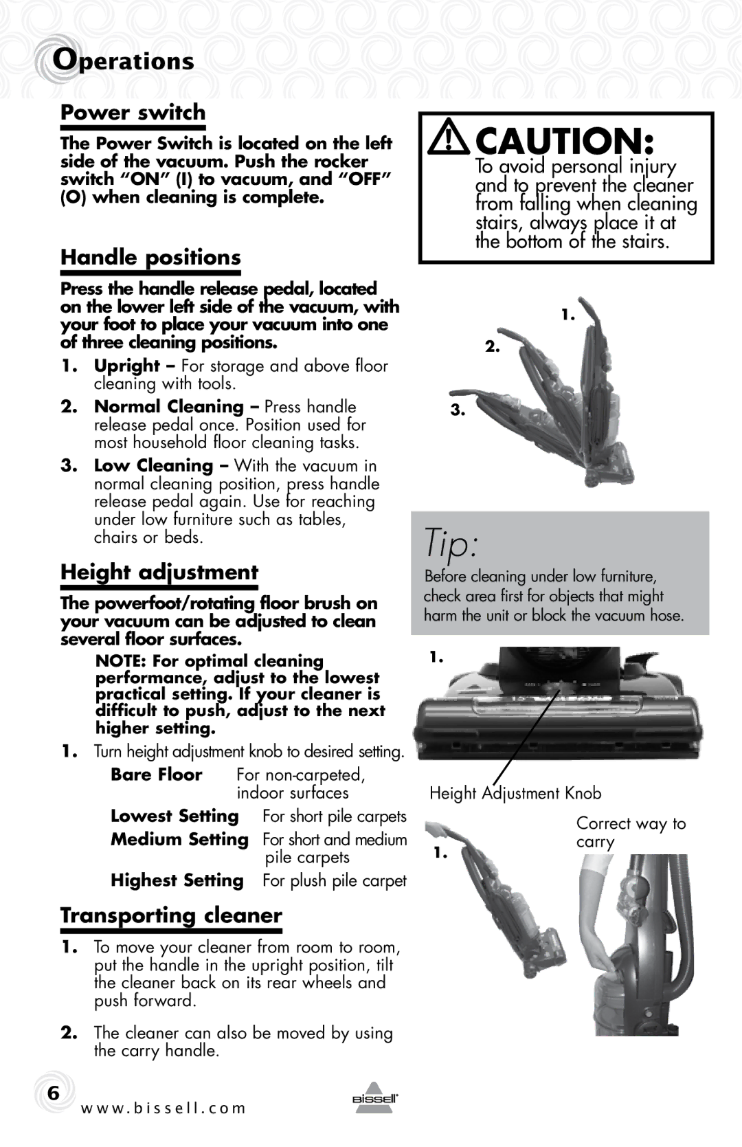 Bissell 10N6-F warranty Operations, Power switch, Handle positions, Height adjustment, Transporting cleaner 