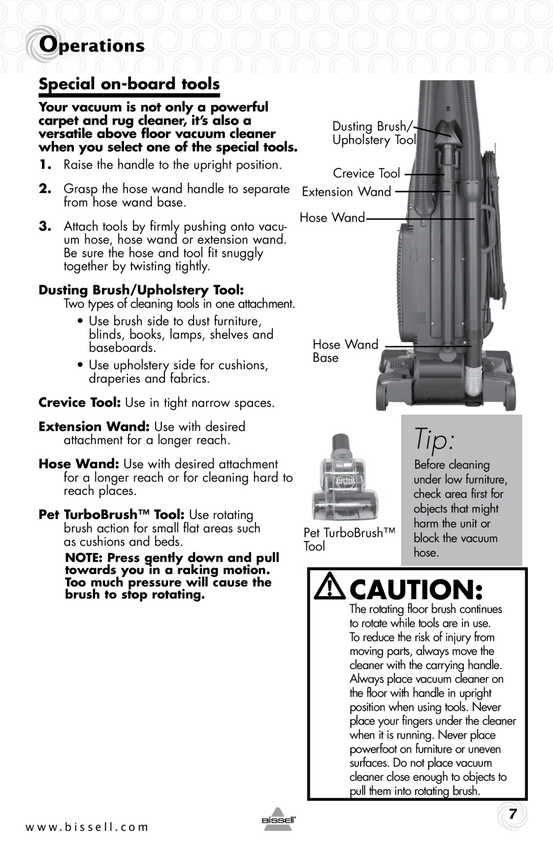 Bissell 10N6-F warranty Special on-board tools, Crevice Tool Extension Wand Hose Wand Base 