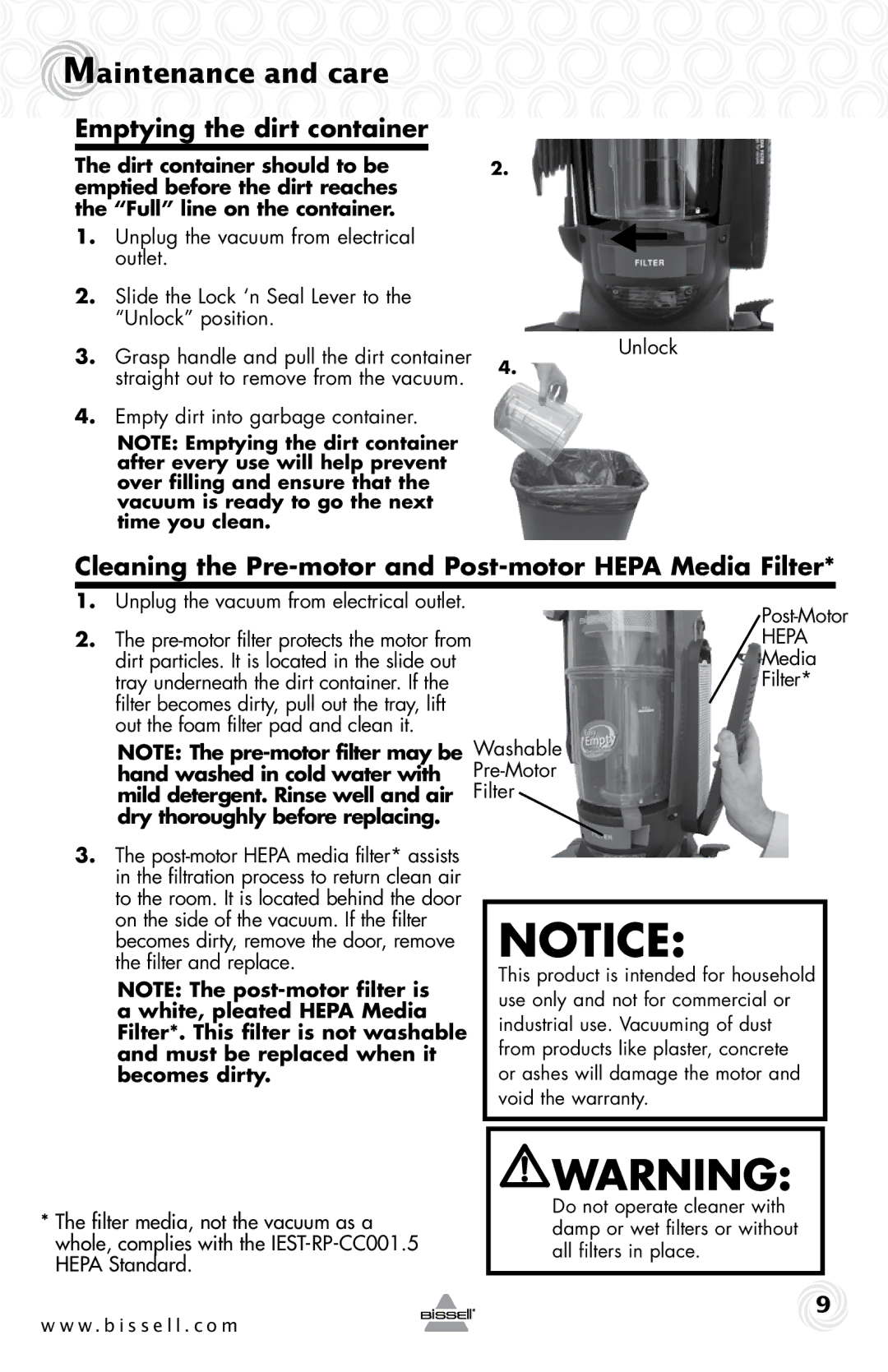 Bissell 10N6-F warranty Emptying the dirt container, Cleaning the Pre-motor and Post-motor Hepa Media Filter 