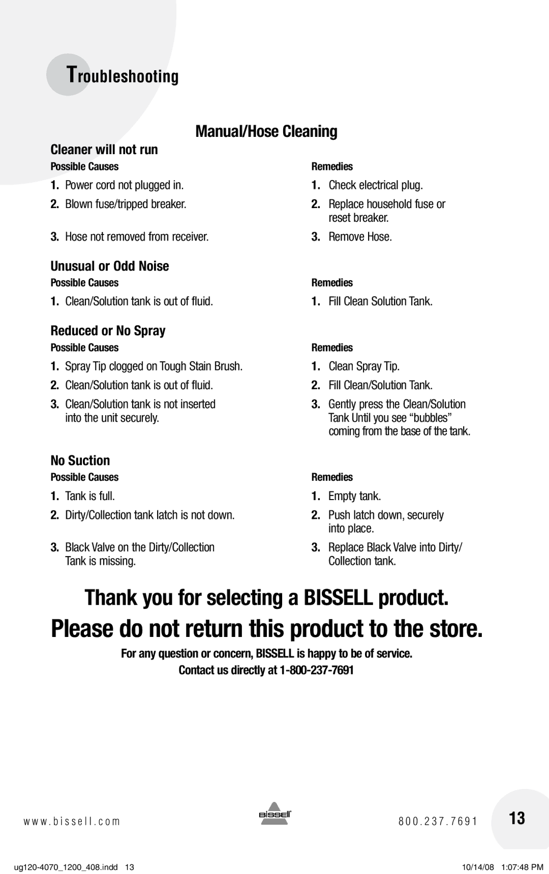 Bissell 1200, 7887 warranty Please do not return this product to the store, Troubleshooting Manual/Hose Cleaning 