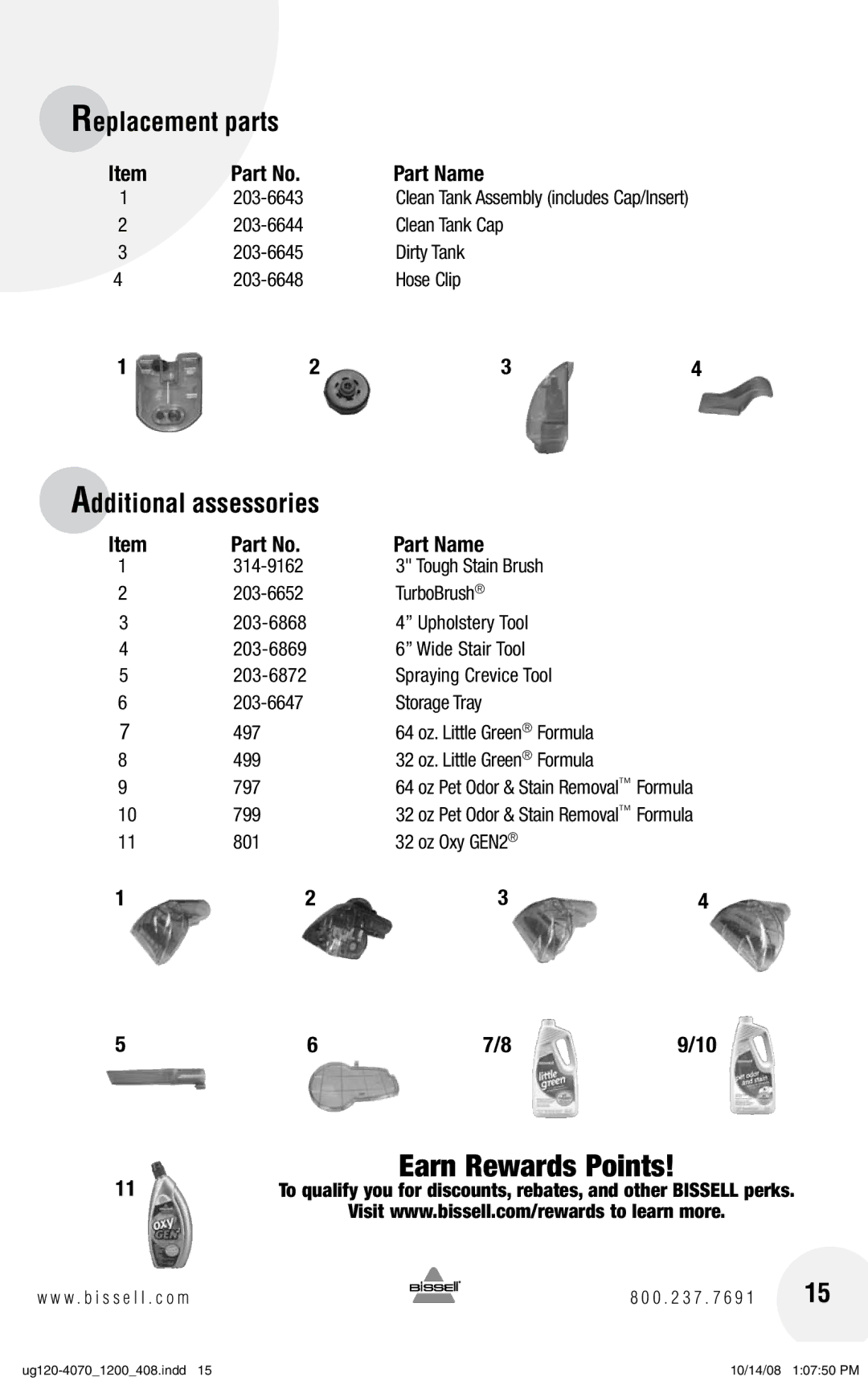 Bissell 1200, 7887 warranty Additional assessories, Part Name 