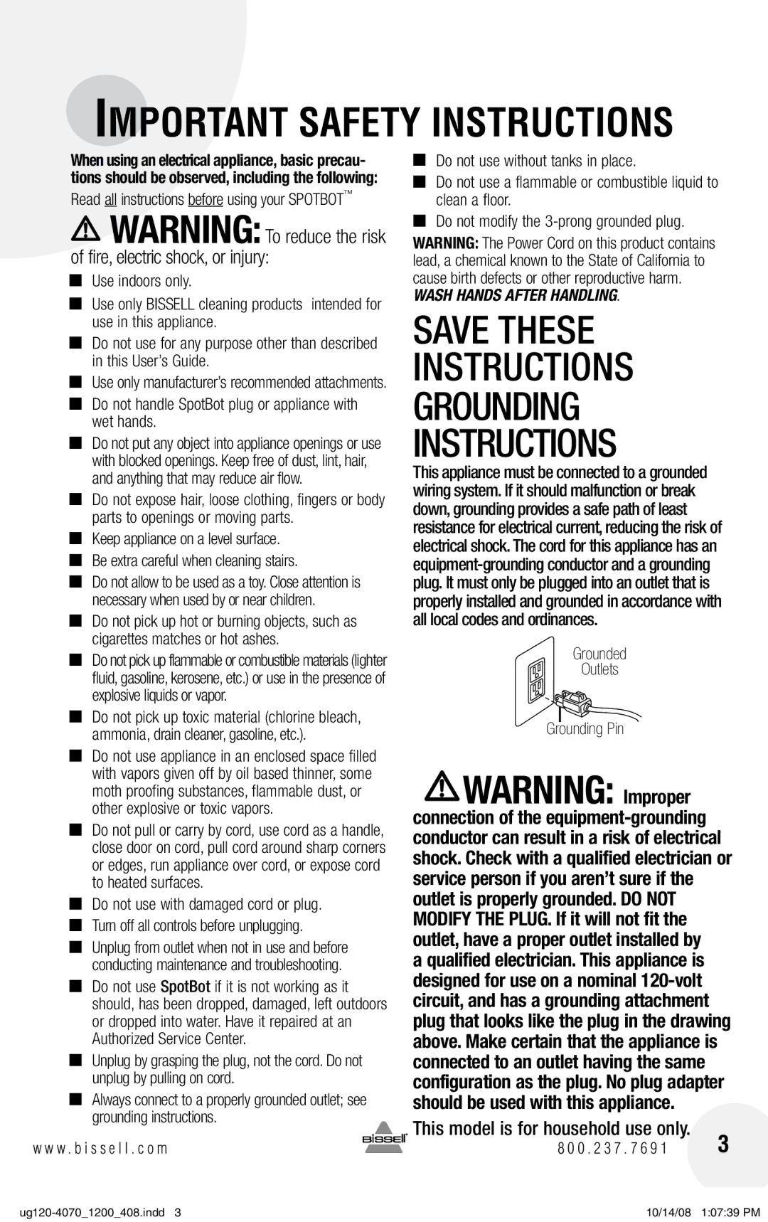 Bissell 1200, 7887 warranty Save These Instructions Grounding 